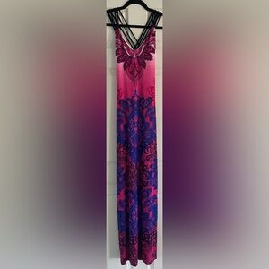 Fitted maxi dress with side slits and liner.  Fun straps.